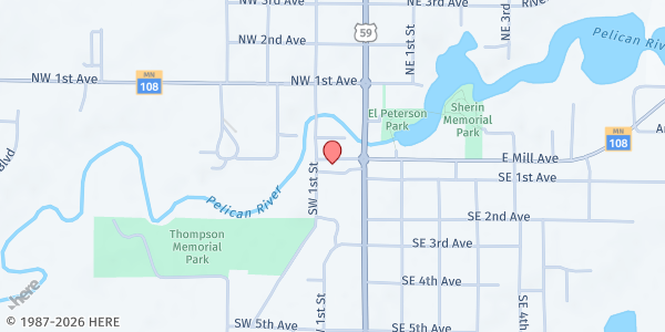 Map showing Pelican Rapids Community Food Shelf at 28 W Mill, Pelican Rapids, MN