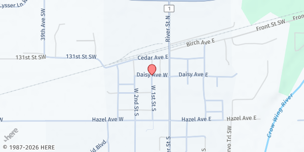 Map showing Pillager Food Shelf - Food Distribution Center at 305 W 1st St, Pillager, MN