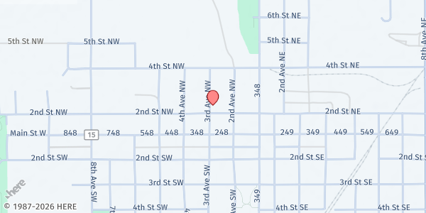 Map showing Pipestone County Food Shelf at 223 2nd Street NW, Pipestone, MN