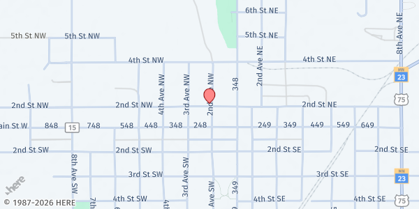 Map showing Pipestone Food Shelf at 223 2nd St NW, Pipestone, MN