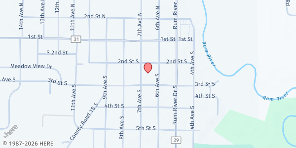 Map showing Crystal Court Apts. - Meals on Wheels and Congregate Dining at 604 S 3rd Street, Princeton, MN