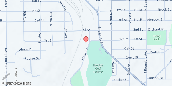 Map showing Proctor Food Shelf AEOA at 100 Pionk Dr, Proctor, MN