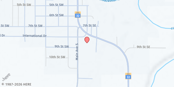 Map showing Red Lake Falls Community Food Shelf at 105 International Drive, Red Lake Falls, MN