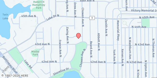 Map showing The Gathering - Food Shelf In-A-Box at 3620 43rd Ave N, Robbinsdale, MN