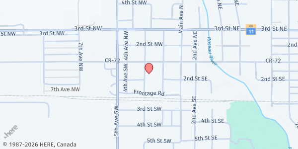 Map showing Roseau Area Food Shelf at 108 3rd Avenue Southwest, Roseau, MN