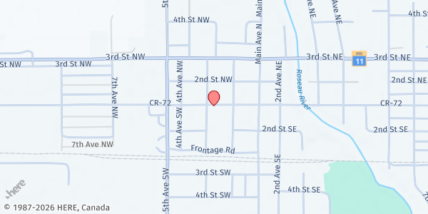 Map showing Roseau Area Food Shelf at 108 3rd Avenue Southwest, Roseau, MN