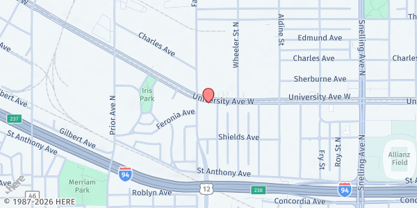 Map showing Keystone Community Services Food Shelf at 1800 University Ave W, Saint Paul, MN