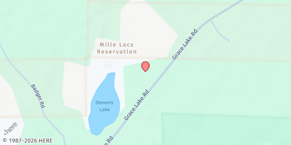 Map showing Mille Lacs Band of Ojibwe Food Shelf: District 3- Community Center at 45749 Grace Lake Road, Sandstone, MN