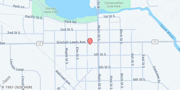 Map showing Sauk Centre Food Shelf at 523 Sinclair Lewis Ave, Sauk Centre, MN
