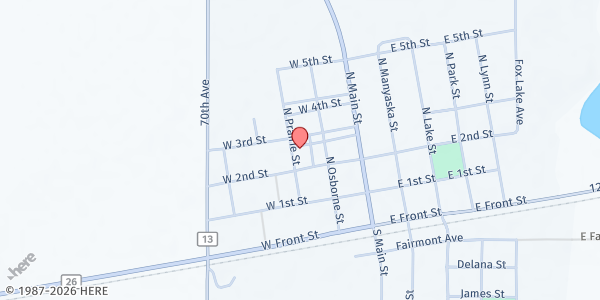 Map showing Heaven's Table Food Shelf- Sherburn at 212 N Prairie St, Sherburn, MN