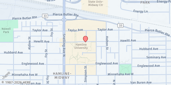 Map showing Food For Thought at Hamline University (Food Resource Center) at 1492 Hewitt Ave, West Hall 110, St Paul, MN