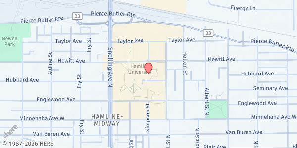 Map showing Food For Thought at Hamline University - West Hall at 1492 Hewitt Ave., St. Paul, MN