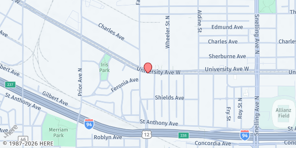 Map showing Keystone Community Services Food Shelf at 1800 University Ave W, St Paul, MN