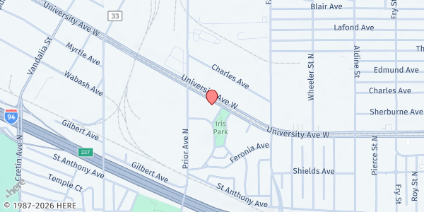 Map showing Keystone Community Services Midway Food Shelf at 1800 University Ave W, St Paul, MN