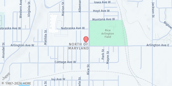 Map showing Keystone's Free Farmer's Market – Rice and Arlington Field at 1500 Rice Street, St. Paul, MN