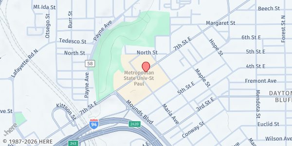 Map showing Metro State Food Pantry at 690 E 7th St, St Paul, MN