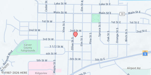 Map showing Waconia Meals on Wheels at 233 Olive Street, Waconia, MN