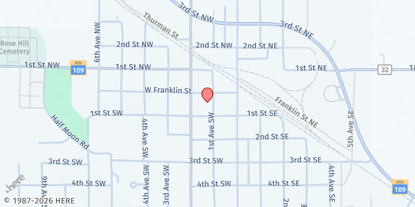 Map showing Wells Area Food Shelf at 10 1st Avenue Southwest, Wells, MN