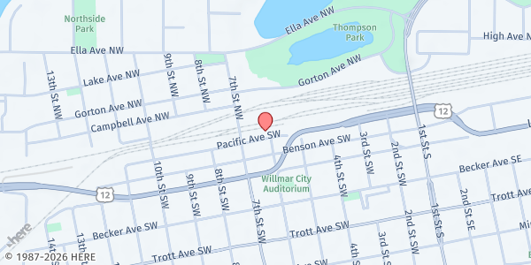 Map showing Willmar Area Food Shelf at 624 Pacific Ave SW, Willmar, MN