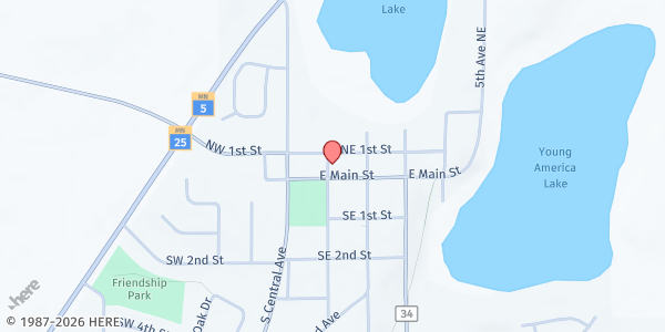 Map showing Southwest Carver County Food Shelf at 10 Northeast 1st Avenue, Young America, MN