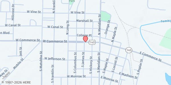 Map showing St. Francis of Assisi Church at 104 South James St., Aberdeen, MS