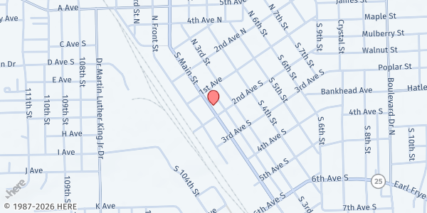 Map showing Amory Food Pantry at 123 S. Main St., Amory, MS