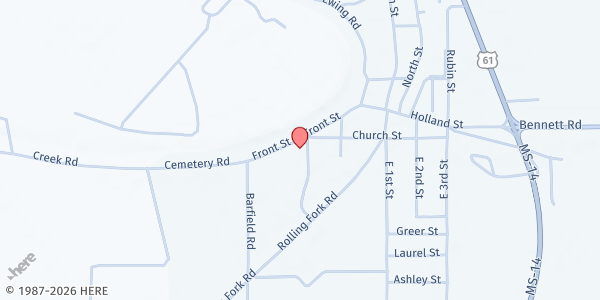 Map showing Anguilla Methodist Church at 631 Front St, Anguilla, MS