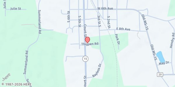 Map showing Jasper County Baptist Assoc. at 21 Thigpen St, Bay Springs, MS