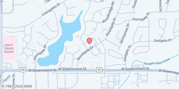 Map showing Crossgates Baptist Church at 8 Cross Woods Rd., Brandon, MS