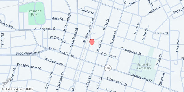 Map showing Brookhaven Outreach Ministries at 101 E. Ct., Brookhaven, MS