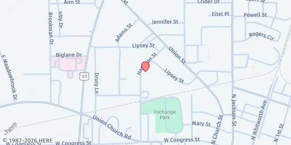Map showing St. Paul M.B. Church at 358 Hartman St., Brookhaven, MS