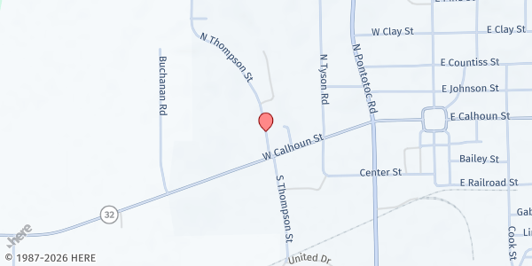Map showing Our Daily Bread of Calhoun at 113 N. Thompson St., Bruce, MS