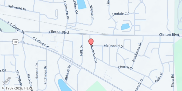 Map showing Morrison Heights Baptist Church at 201 Morrison Dr, Clinton, MS