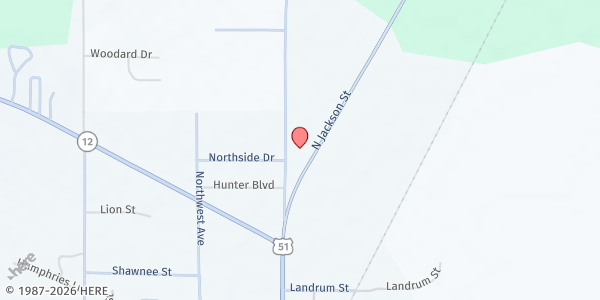 Map showing Durant Miss. Baptist Church at 16455 N. Jackson St., Durant, MS