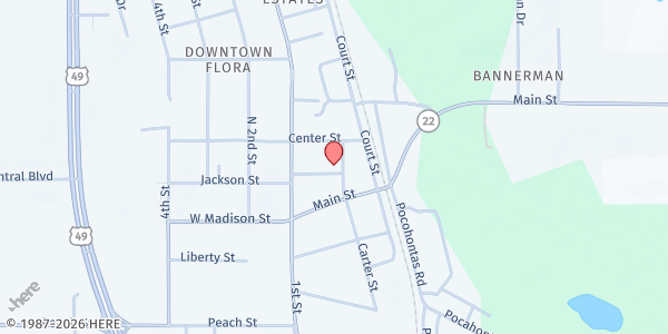 Map showing First Baptist Church Flora at 102 Jackson St., Flora, MS