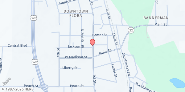 Map showing First Baptist Church Flora at 102 Jackson St, Flora, MS