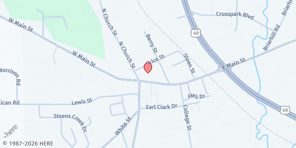 Map showing FBC Florence Loving Kindness Food Pantry at 102 East Main St, Florence, MS