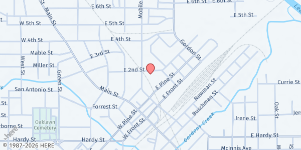Map showing Christian Services - Hattiesburg at 301 E. 2nd St., Hattiesburg, MS