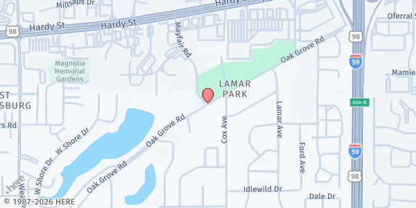 Map showing House of Blessings Outreach Food Pantry at 2120 Oak Grove Rd, Hattiesburg, MS