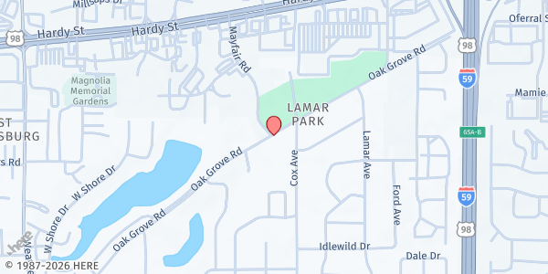 Map showing House of Blessings Outreach FP at 2120 Oak Grove Rd., Hattiesburg, MS