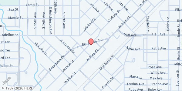Map showing St. Vincent de Paul Sacred Heart Hattiesburg at 114 Broadway Dr., Hattiesburg, MS