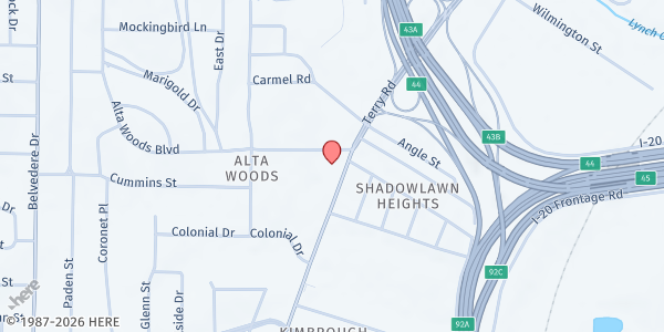 Map showing Alta Woods UMC at 109 Alta Woods Blvd., Jackson, MS