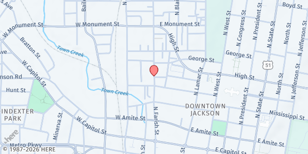 Map showing Central United Methodist Church at 500 N Farish St, Jackson, MS