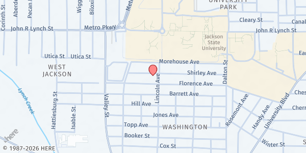 Map showing College Hill B.C. Food Pantry at 1600 Florence Ave., Jackson, MS