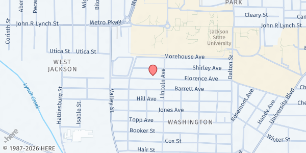 Map showing College Hill B.C. Food Pantry at 1626 Florence Ave, Jackson, MS