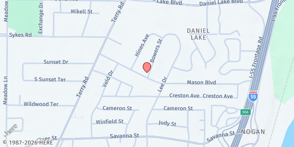 Map showing Cornerstone Church Food Pantry at 3585 Bowers Street, Jackson, MS