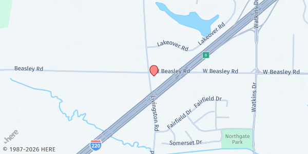 Map showing Ebenezer Apostolic Ministries at 1597 Beasley Road, Jackson, MS