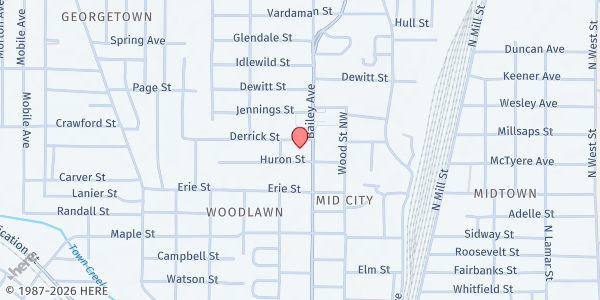 Map showing Shekinah Glory BC Food Pantry at 1611 Bailey Ave., Jackson, MS