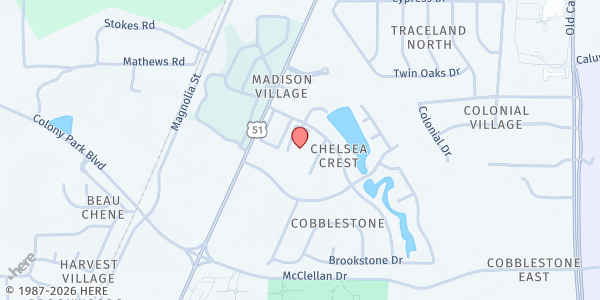 Map showing World Overcomers Food Outreach at 444 Pebble Creek Dr, Madison, MS