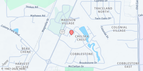 Map showing World Overcomers Food Outreach at 444 Pebble Creek Dr., Madison, MS